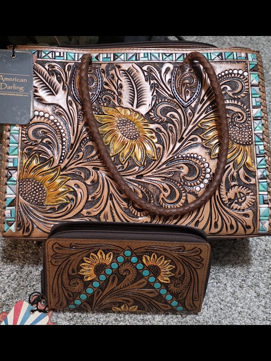 American Darling Handbags - American Darling Brown Tooled Leather Sunflower Tote with Turquoise Accents